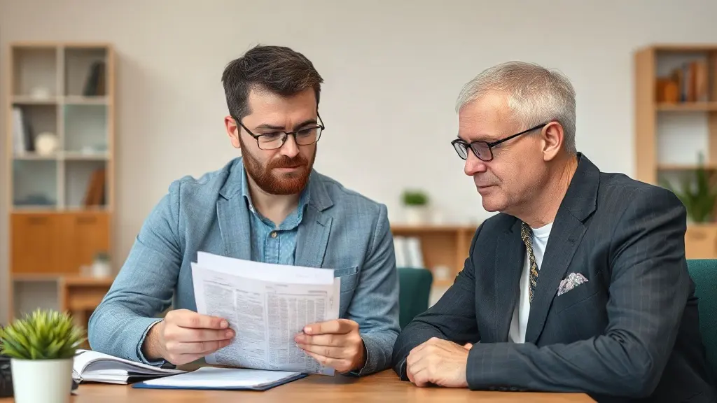 Conseiller et client discutant d'une déclaration de revenus fonciers