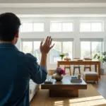Propriétaire présentant un appartement meublé à des locataires