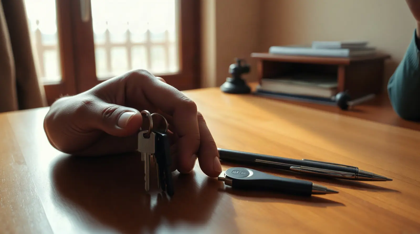 Signature d'un contrat de bail sur un bureau avec clés d'appartement